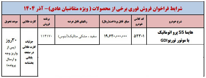 شرایط فروش هایما S5 پرو / آذر 1404