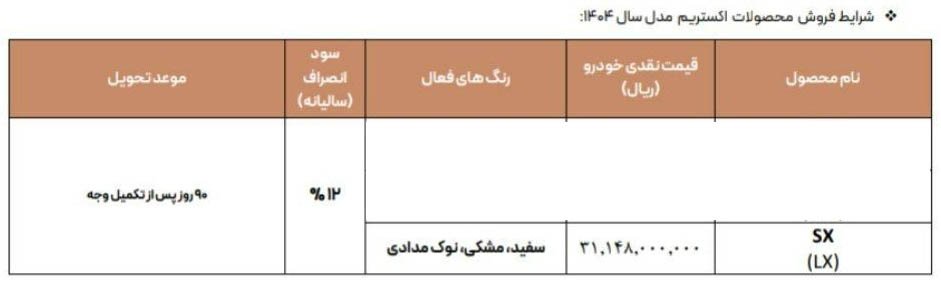 شرایط فروش اکستریم LX / شهریور 1404