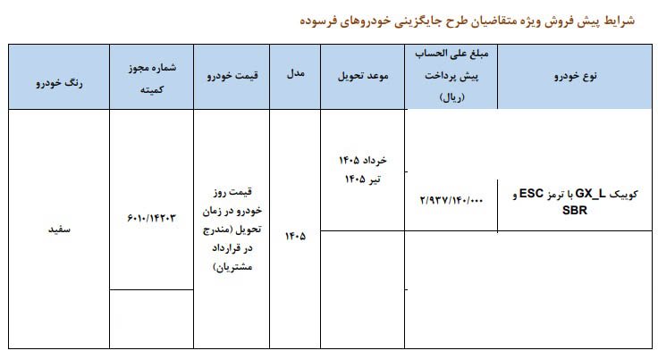 شرایط فروش کوییک GX L / آبان 1404