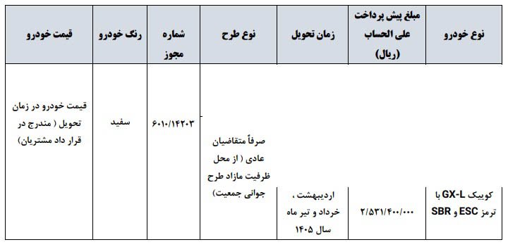 شرایط فروش کوییک GX L / شهریور 1404