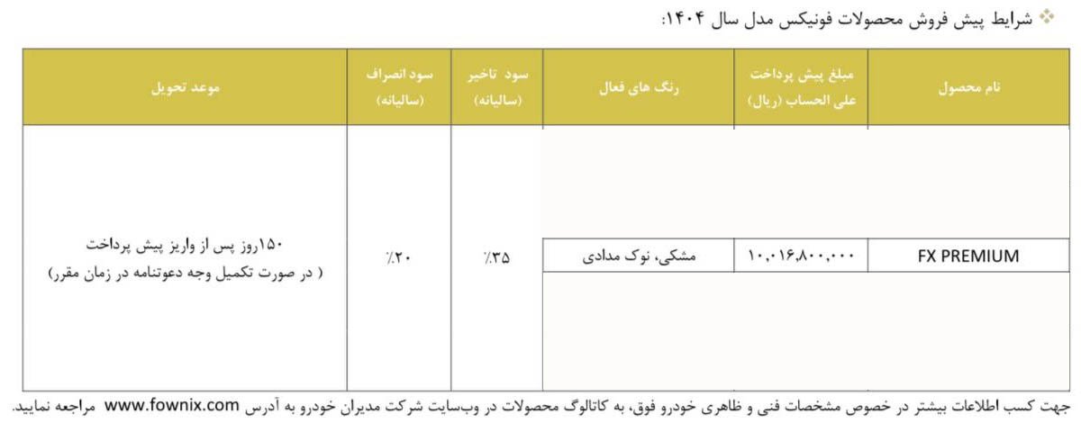 شرایط فروش فونیکس FX پرمیوم / شهریور 1404