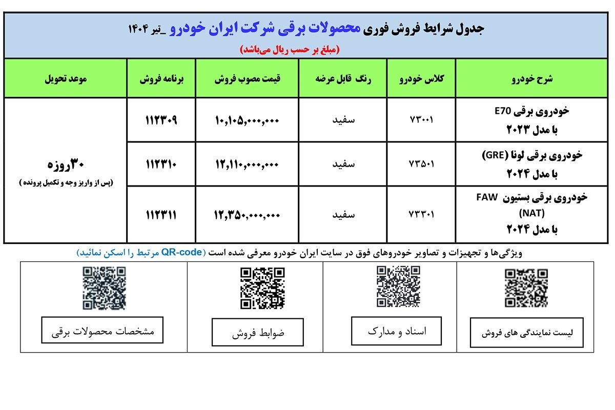 شرایط فروش خودروهای برقی / تیر 1404