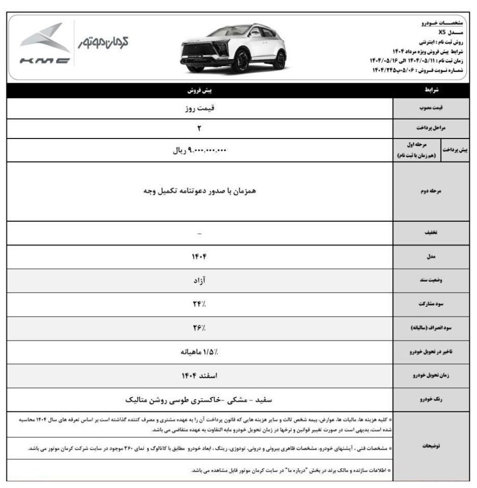 شرایط فروش کی ام سی x5 / مرداد 1404