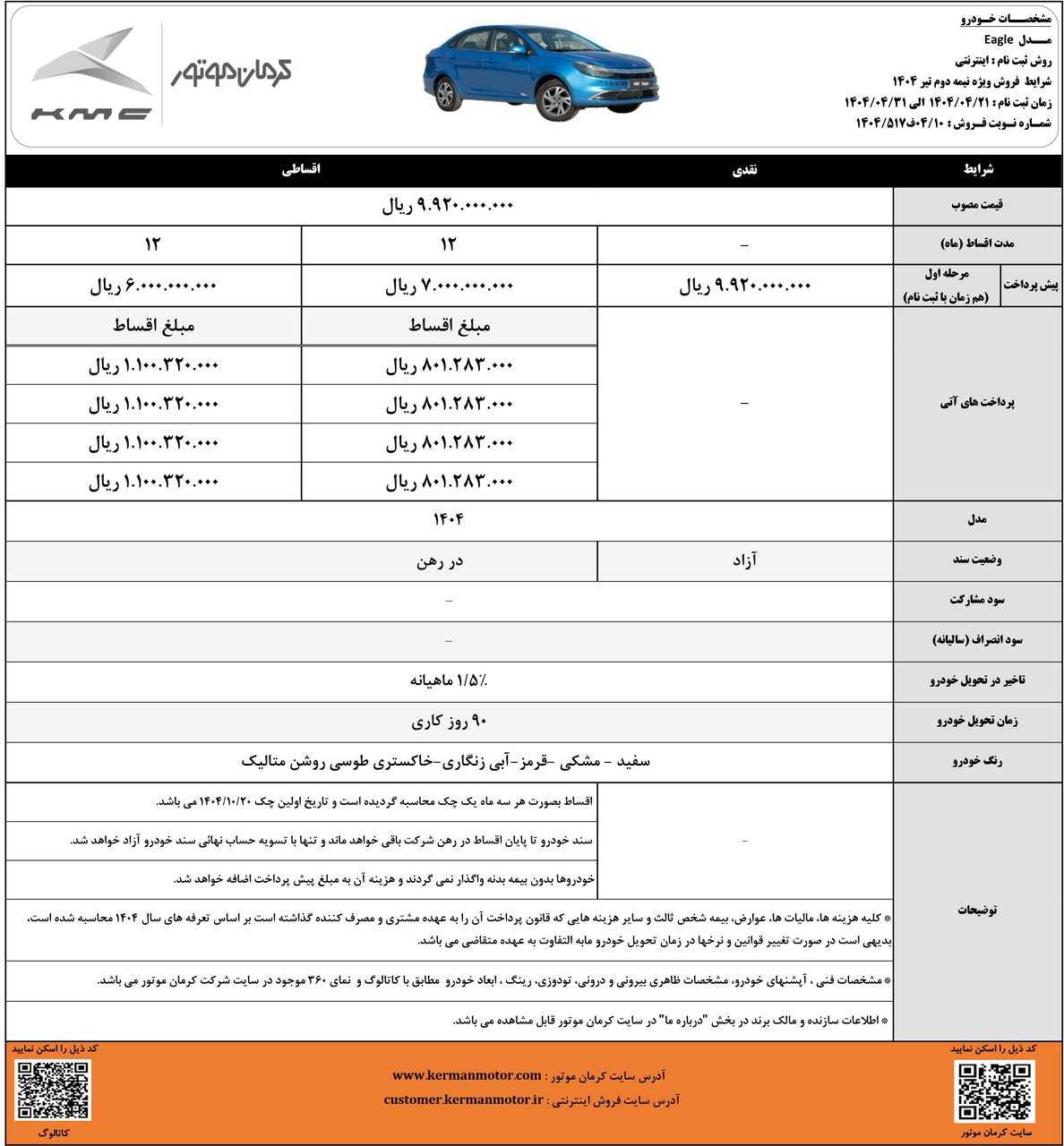 شرایط فروش KMC ایگل / تیر 1404