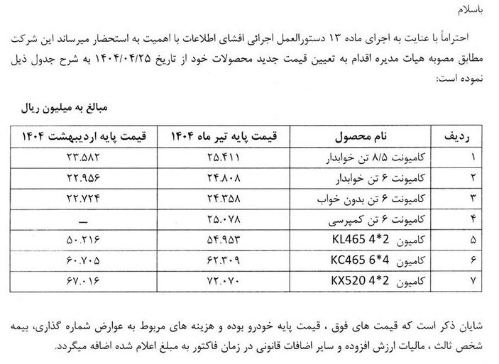 قیمت جدید محصولات سایپا دیزل / تیر 1404