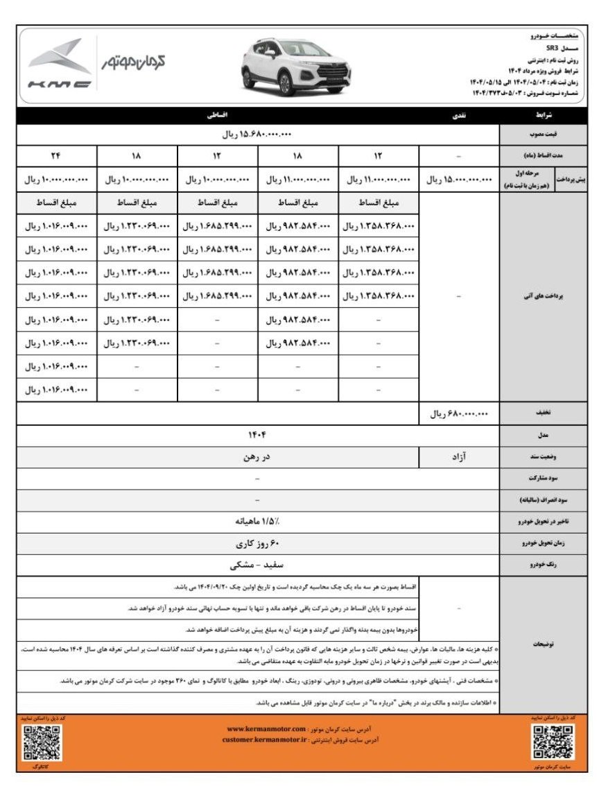 شرایط فروش کی ام سی SR3 / مرداد 1404