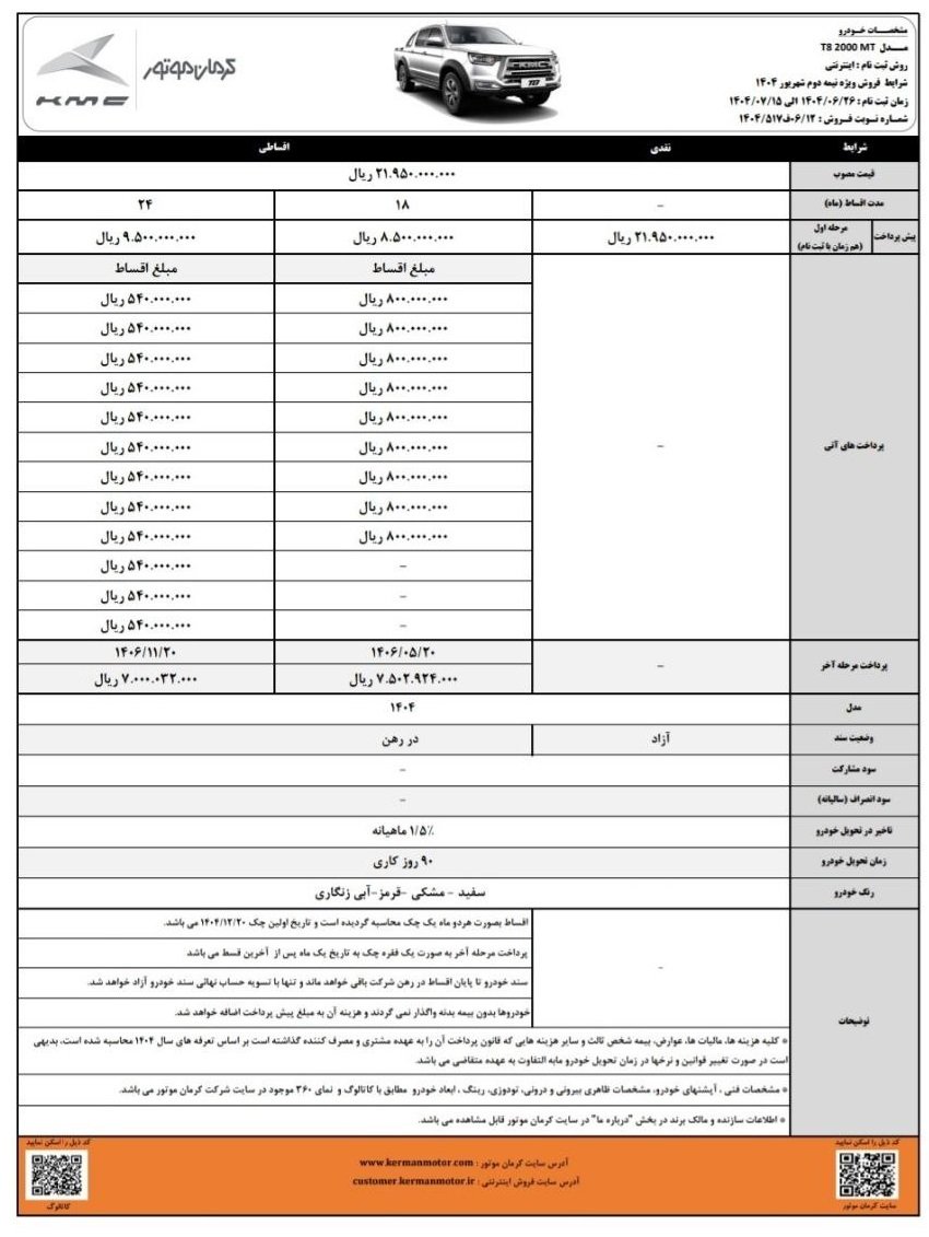 شرایط فروش جک KMC T8 / شهریور 1404