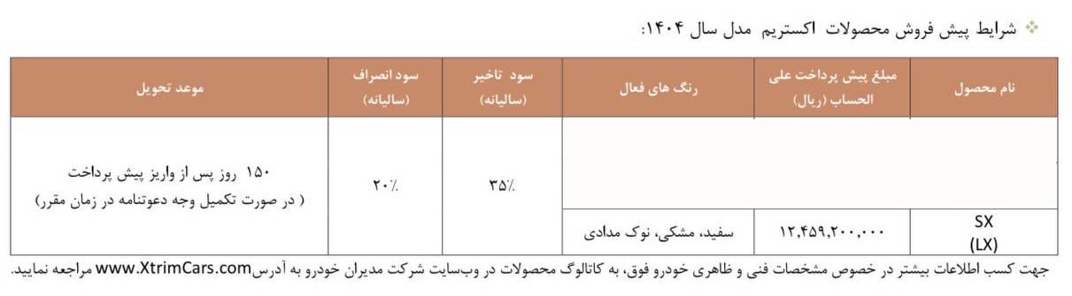 شرایط فروش اکستریم LX / شهریور 1404