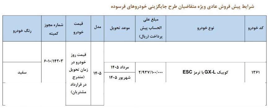 شرایط فروش کوییک GX L / دی 1404