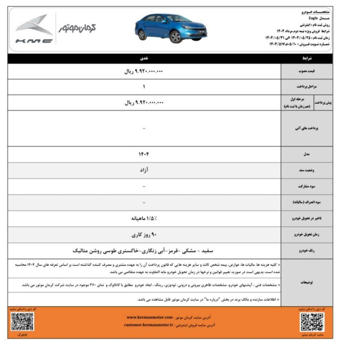 شرایط فروش کی ام سی ایگل / مرداد 1404