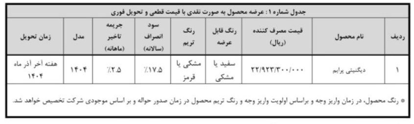 شرایط فروش دیگنیتی پرایم بهمن موتور / آبان 1404