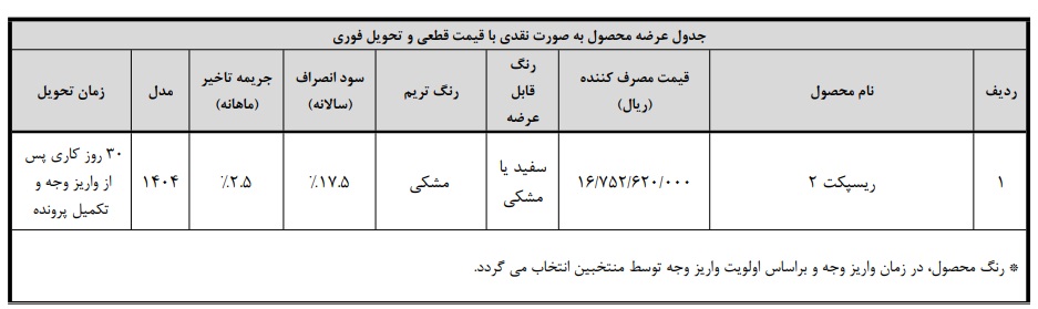 شرایط فروش رسپکت 2 / مرداد 1404