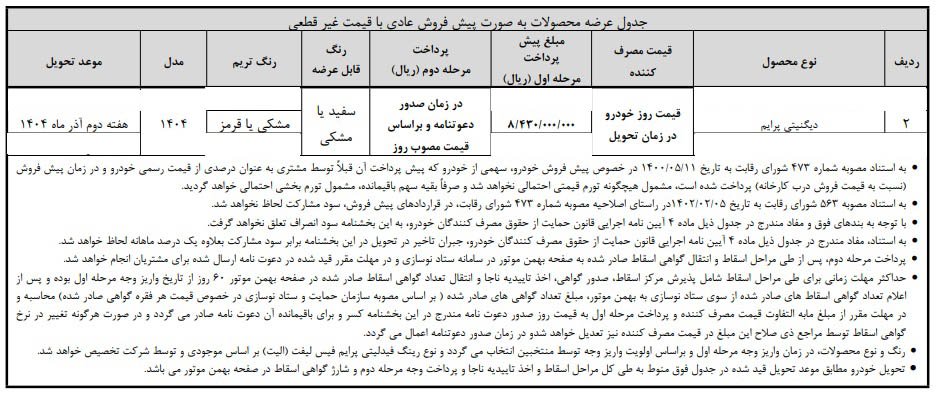 شرایط فروش دیگنیتی پرایم بهمن موتور / مهر 1404