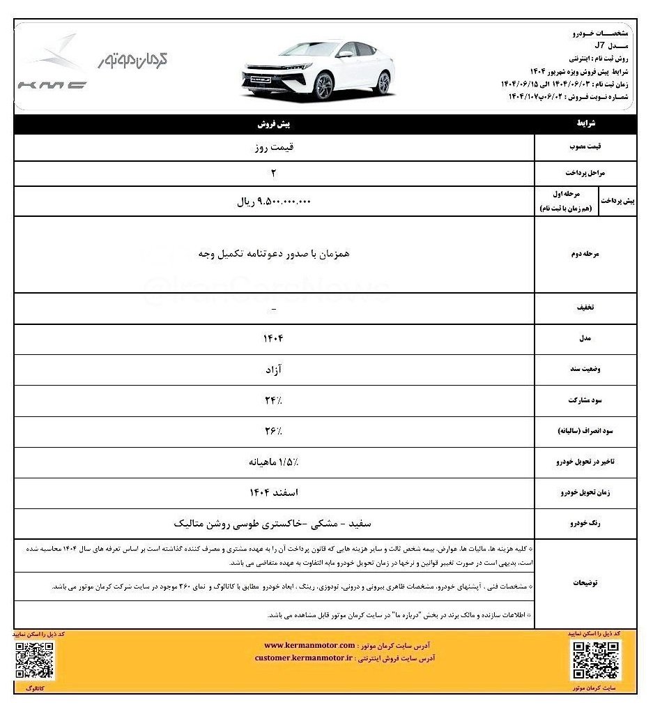 شرایط فروش کی ام سی j7 / شهریور 1404