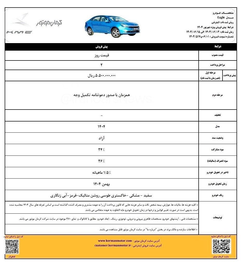 شرایط فروش کی ام سی ایگل / شهریور 1404