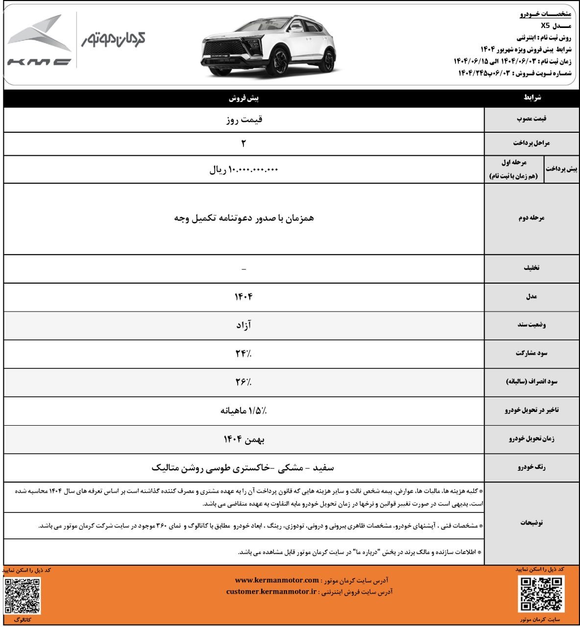 شرایط فروش کی ام سی x5 / شهریور 1404