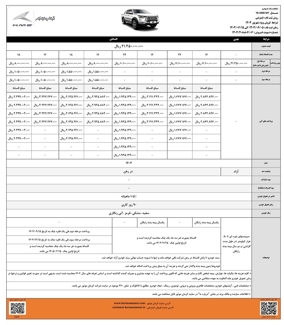 شرایط فروش کی ام سی T8 / شهریور 1404