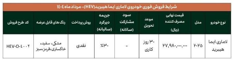 شرایط فروش لاماری ایما هیبریدی / مرداد 1404