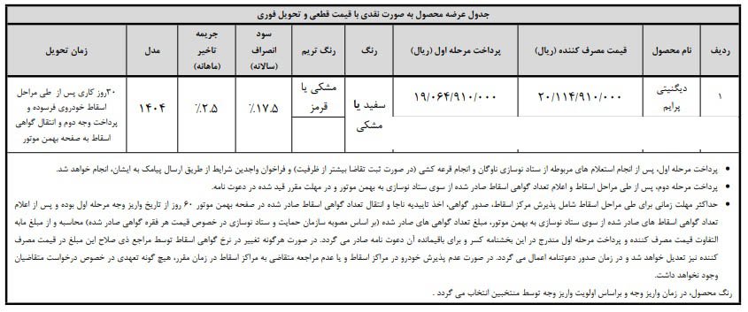 شرایط فروش دیگنیتی پرایم بهمن موتور / مهر 1404