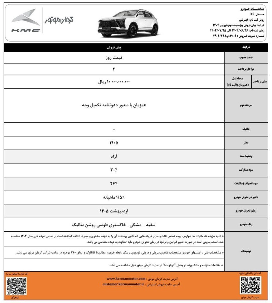شرایط فروش کی ام سی X5 / شهریور 1404