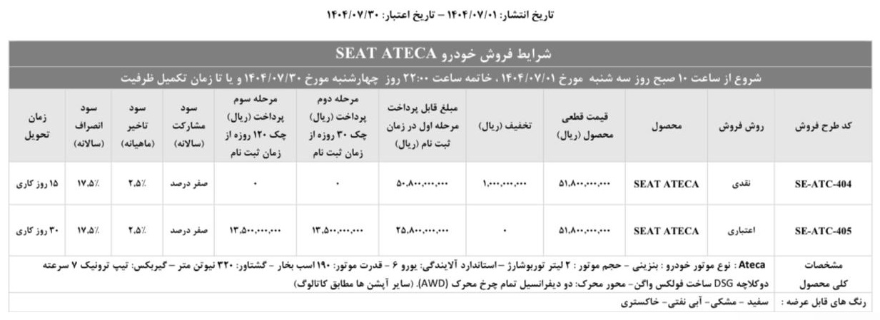 شرایط فروش سئات آتکا / شهریور 1404