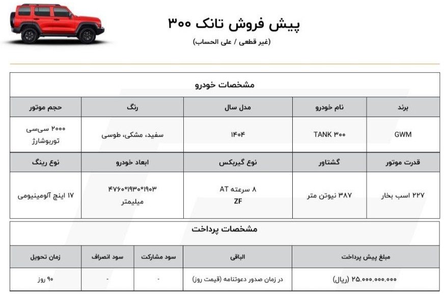 شرایط فروش تانک 300 / شهریور 1404