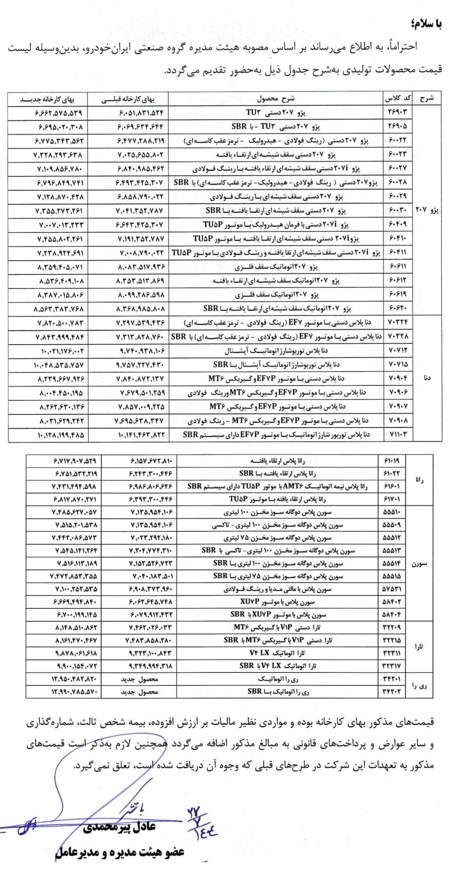 قیمت کارخانه محصولات ایران خودرو / مهر 1404