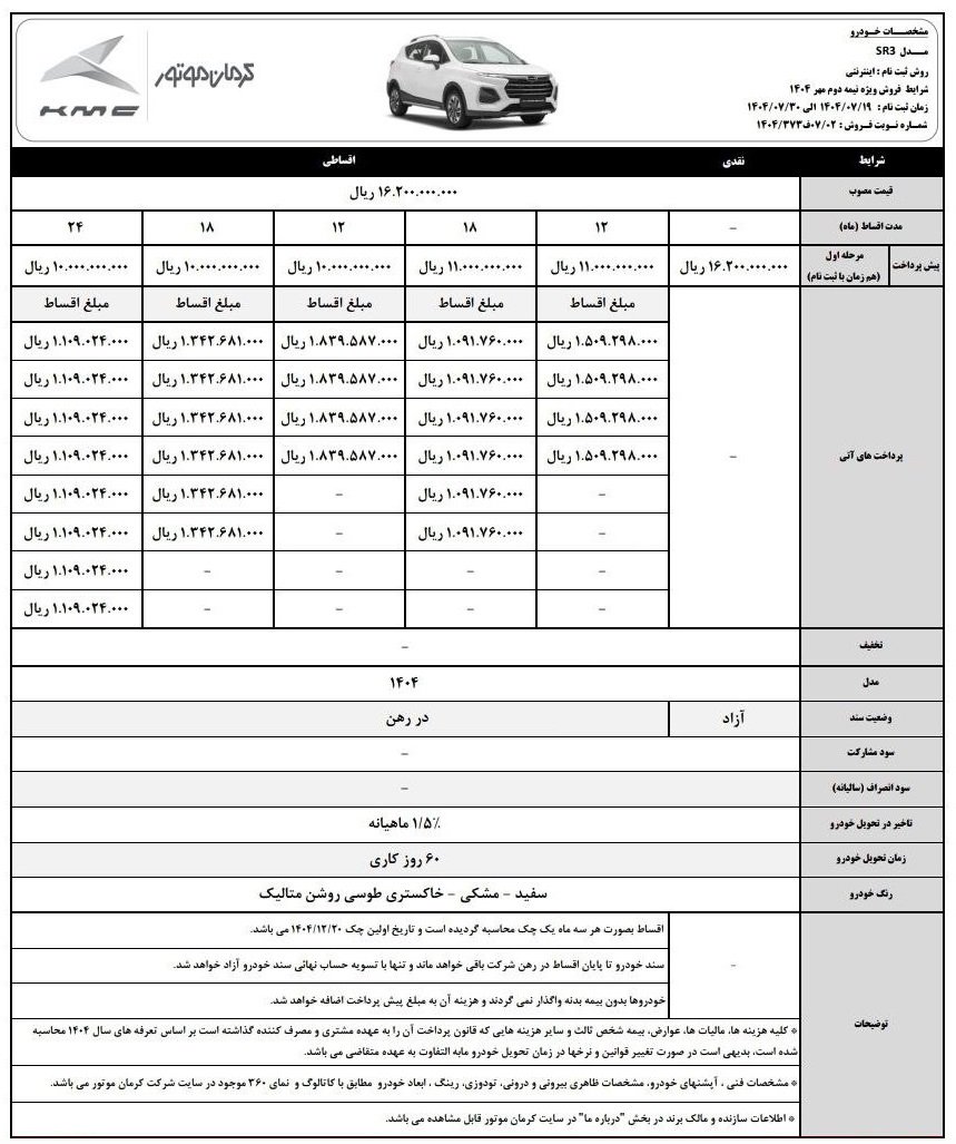 شرایط فروش کی ام سی SR3 / مهر 1404