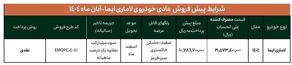 شرایط فروش لاماری ایما / آبان 1404