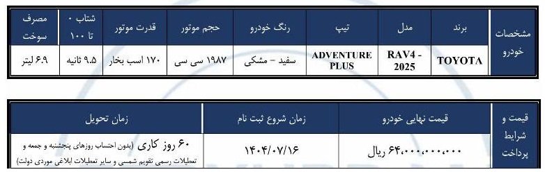 شرایط فروش تویوتا راو4 ادونچر 2025 / مهر 1404