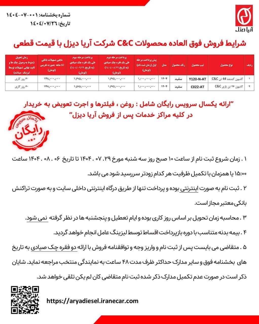 شرایط فروش کامیون و کشنده سی‌ اند‌ سی / مهر 1404