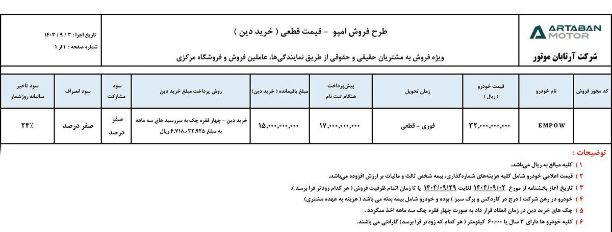 شرایط فروش آرتابان موتور / آذر 1404