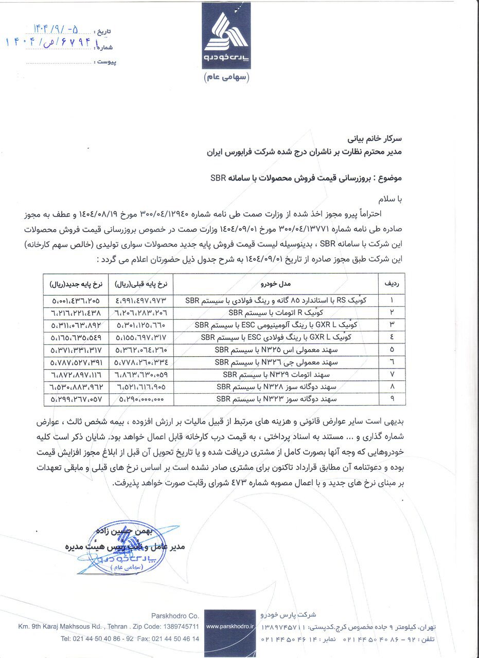 قیمت کارخانه محصولات پارس خودرو / آذر 1404