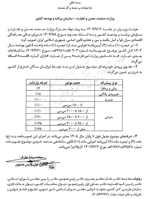 تعرفه جدید واردات خودرو / آذر 1404