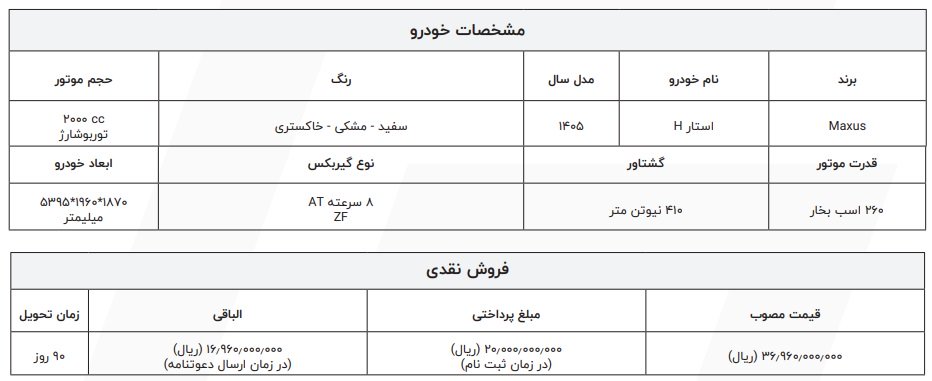 شرایط فروش مکسوس استار H / آذر 1404