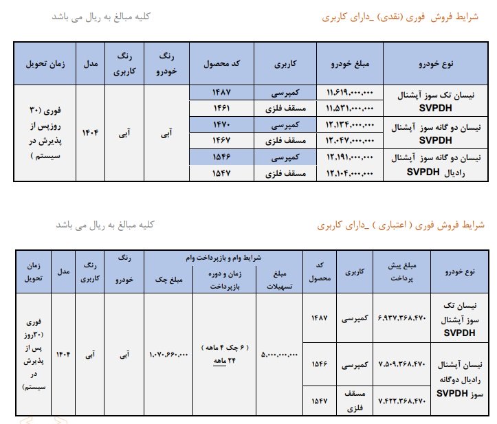 شرایط فروش وانت نیسان زامیاد / آذر 1404