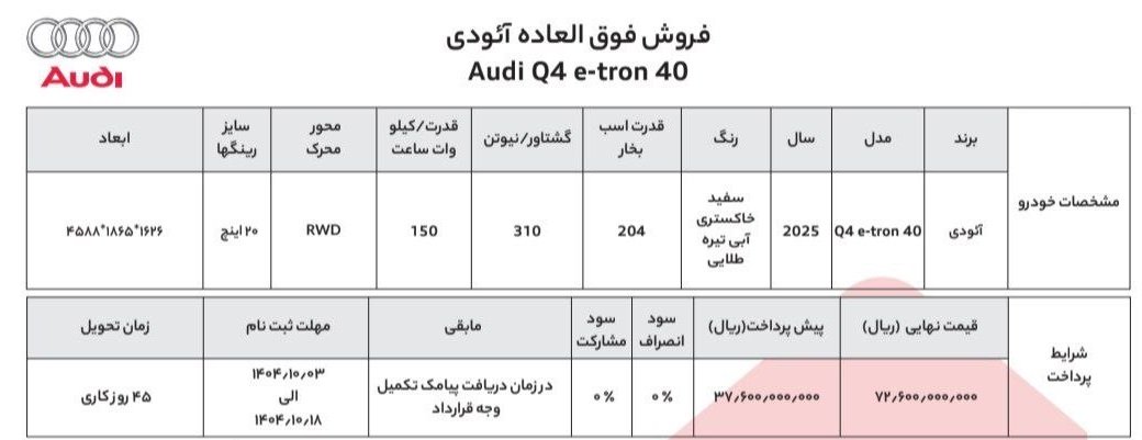 شرایط فروش آئودی Q4 ای ترون / دی 1404