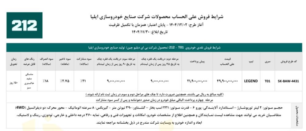 شرایط فروش BAW 212 / بهمن 1404