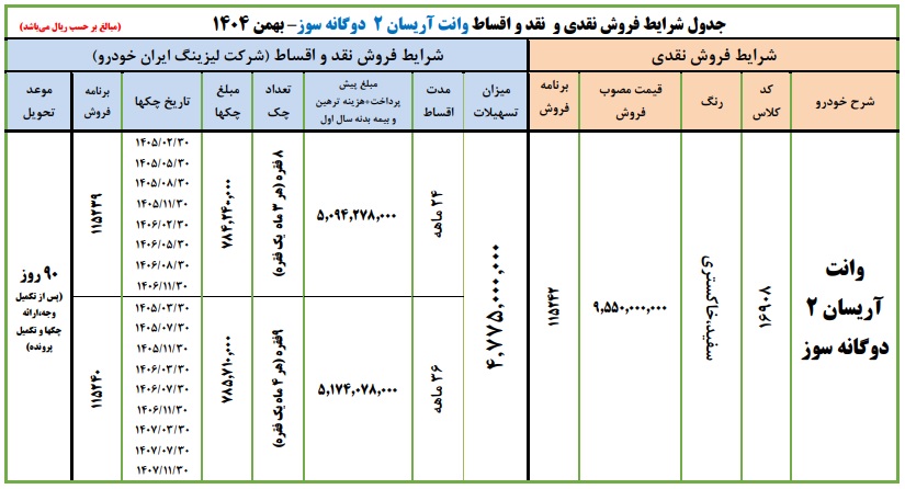 شرایط فروش وانت آریسان 2 / بهمن 1404