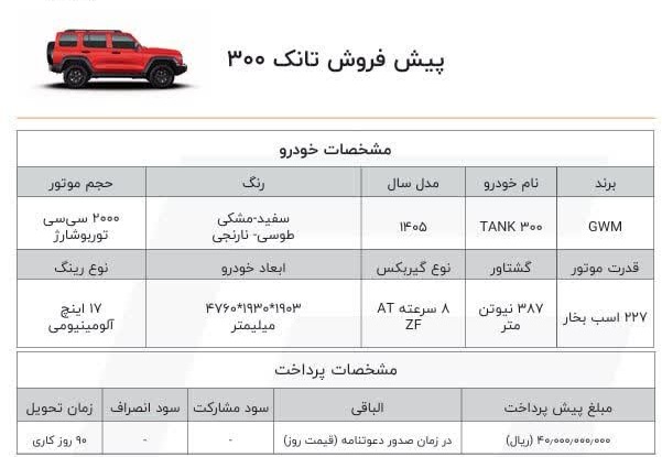 شرایط فروش تانک 300 / بهمن 1404