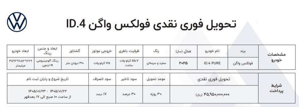 شرایط فروش فولکس واگن ID4 / فروردین 1405
