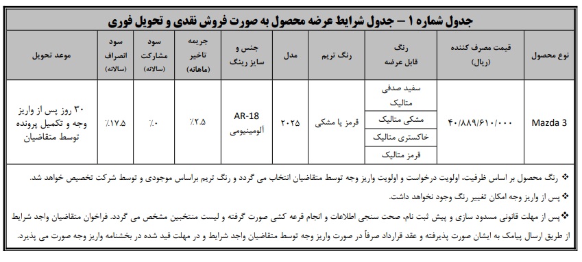 شرایط فروش مزدا 3 2025 / فروردین 1405