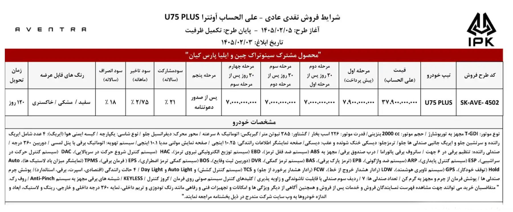 شرایط فروش اونترا U75 Plus / اردیبهشت 1405