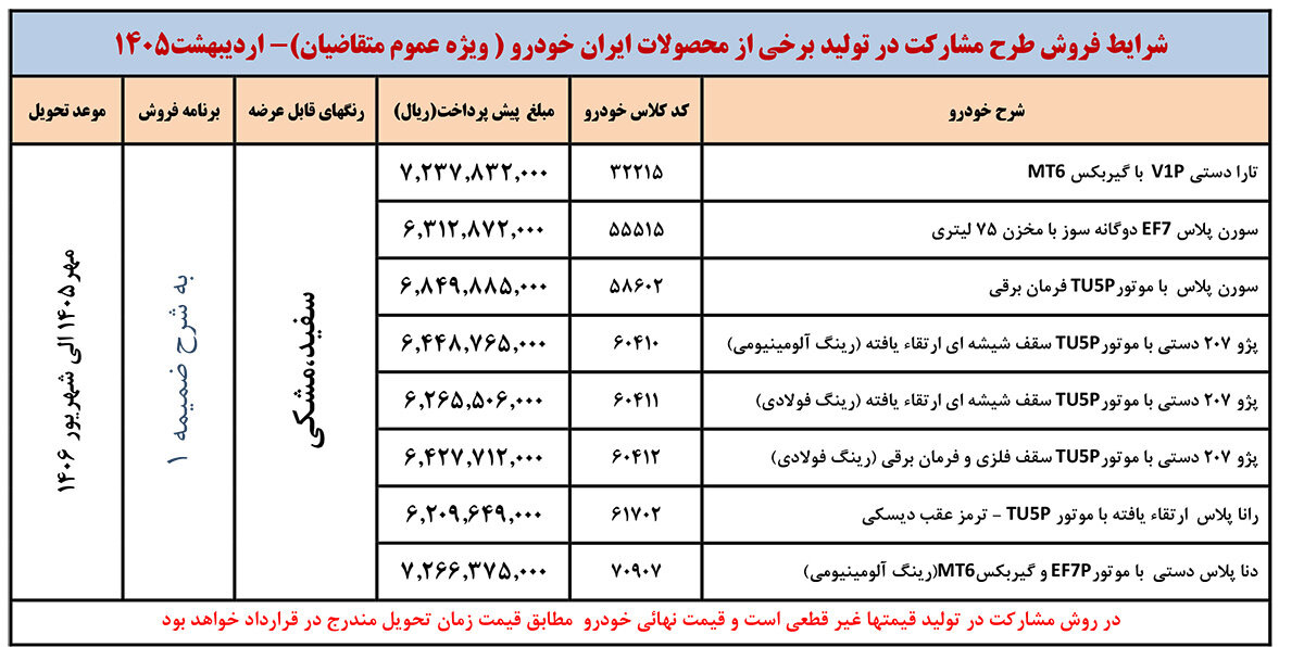 شرایط پیشفروش محصولات ایرانخودرو در طرح عادی - اردیبهشت 1405