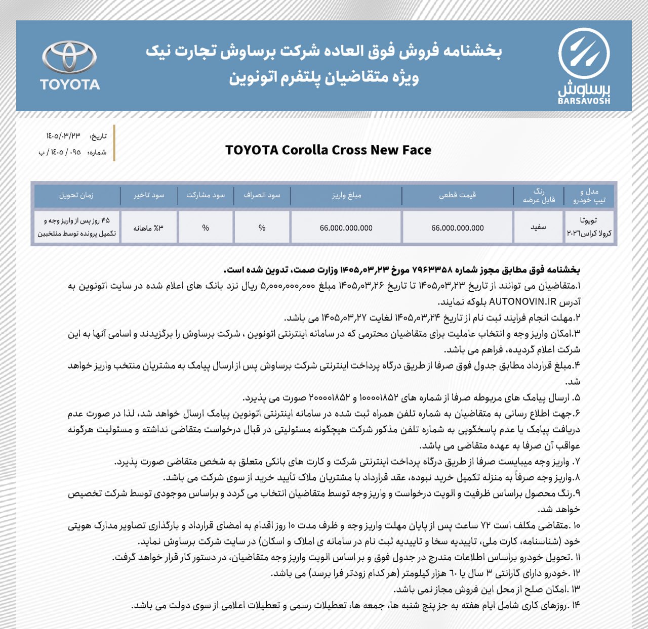 شرایط فروش تویوتا کرولا کراس نیوفیس / خرداد 1405