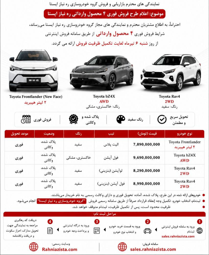 شرایط فروش محصولات تویوتا / تیر 1405