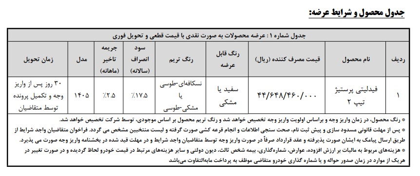 شرایط فروش فیدلیتی پرستیژ بهمن موتور / خرداد 1405