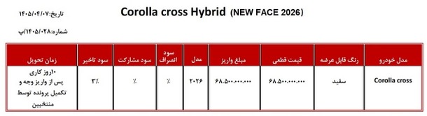 شرایط فروش تویوتا کرولا کراس نیوفیس / تیر 1405