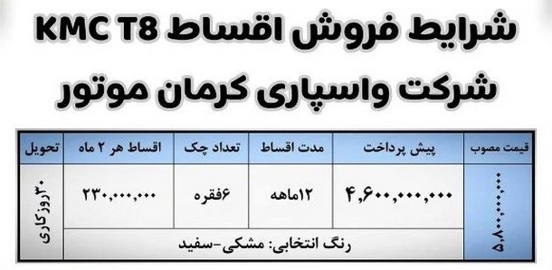 شرایط فروش کی ام سی T8 / تیر 1405