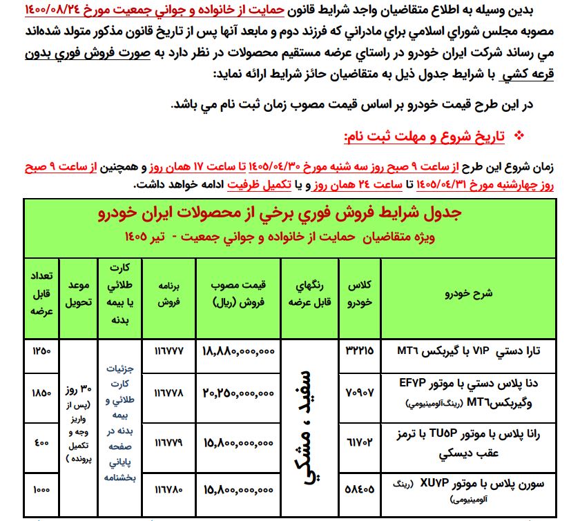 شرایط فروش محصولات ایران خودرو - تیر 1405